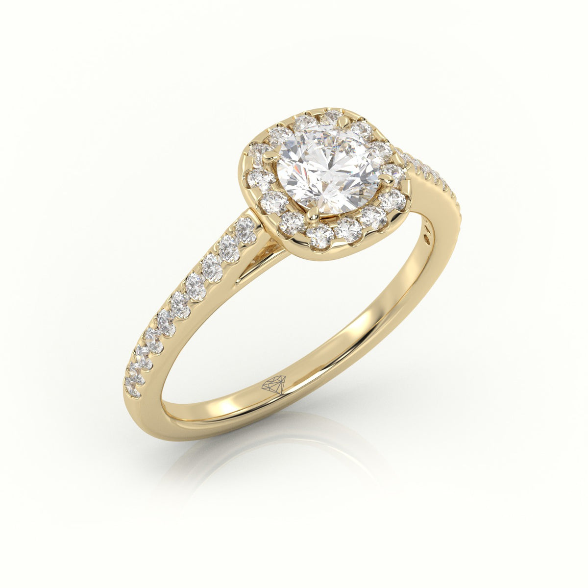 Round Cut Diamond 4 Prongs Halo Scallop Setting Engagement Ring — Yellow Gold