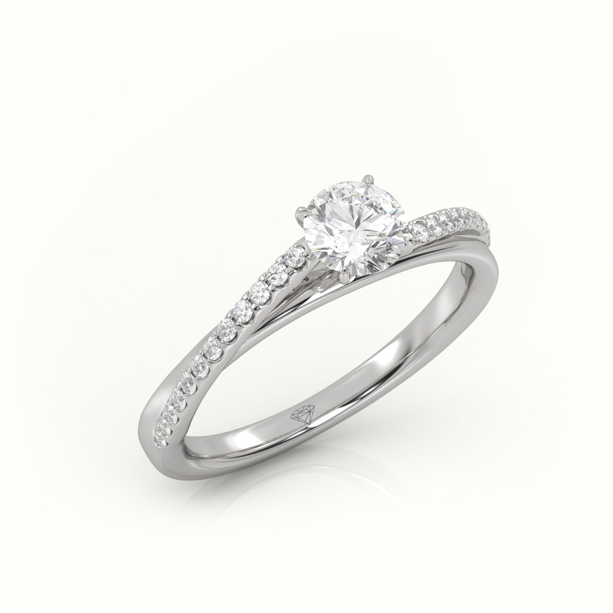 Round Diamond 4 Prongs Twisted Pave Setting Engagement Ring — White Gold