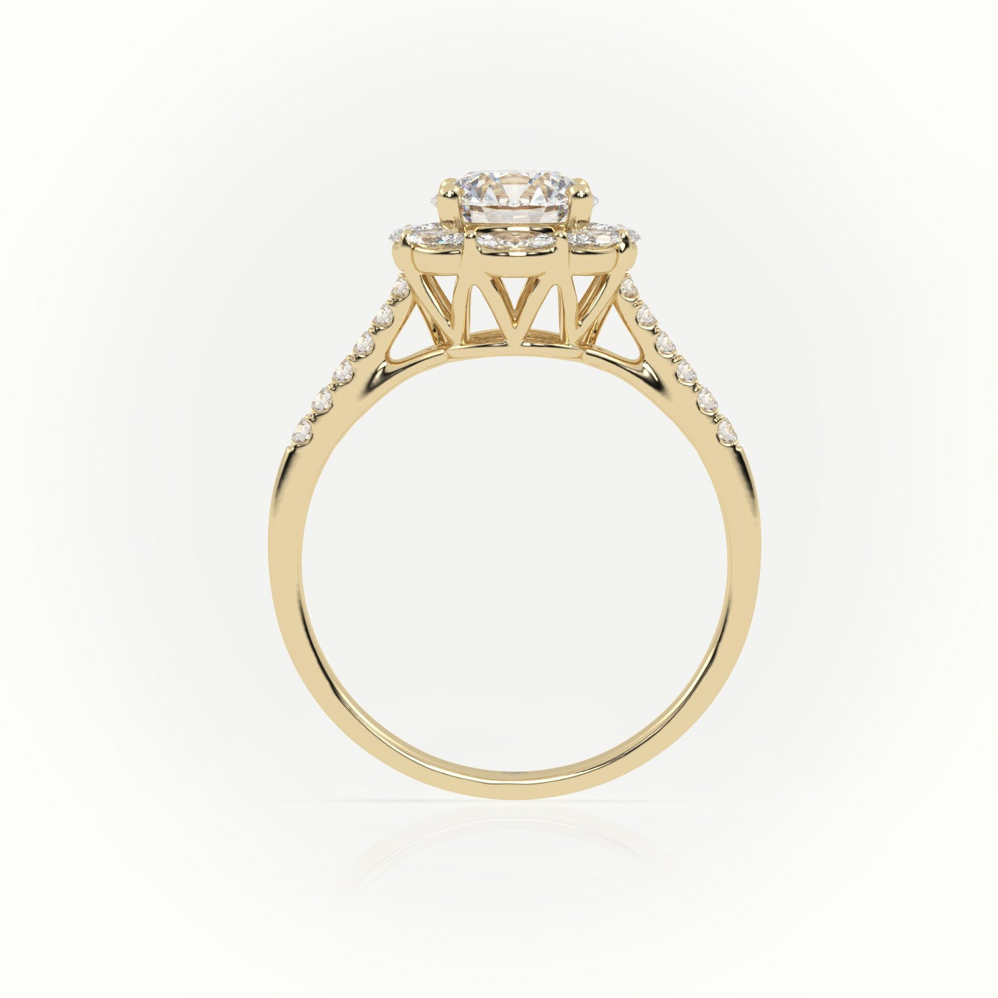 Round Cut Diamond 4 Prongs Halo Pave Setting Engagement Ring — Yellow Gold