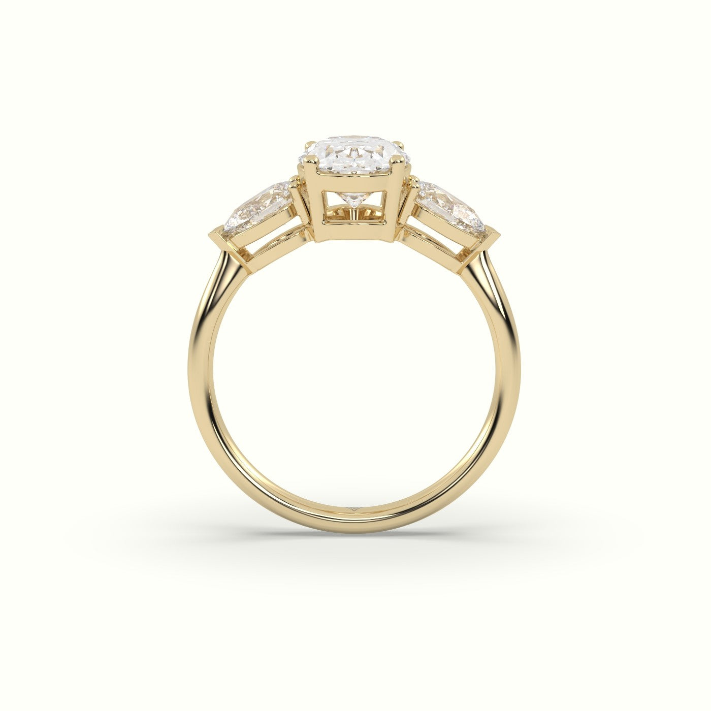 Oval Diamond 4 Round Prongs Trilogy Ring Pear Shape Side Stone | Precious Jewels Antwerp — Yellow Gold