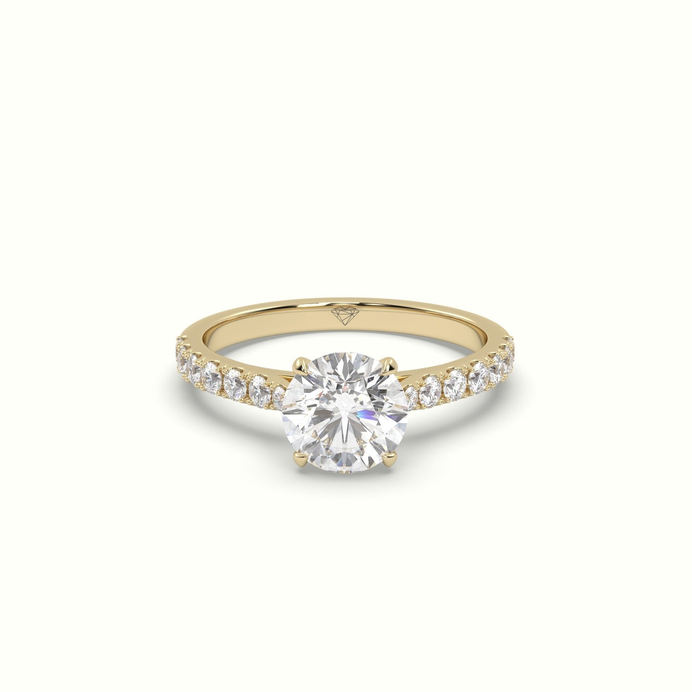Round Cut Diamond 4 Round Prongs Pave Band Ring — Yellow Gold