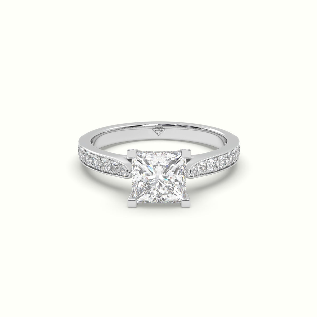 Princess Cut Diamond Engagament Ring With Pave Setting — White Gold