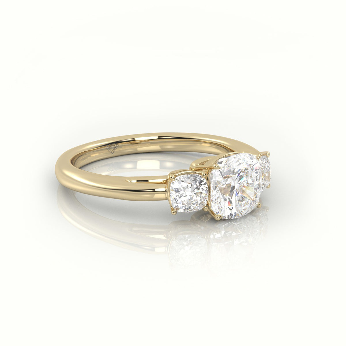 Cushion Cut Diamond 4 Prongs Side Stone Engagement Ring — Yellow Gold