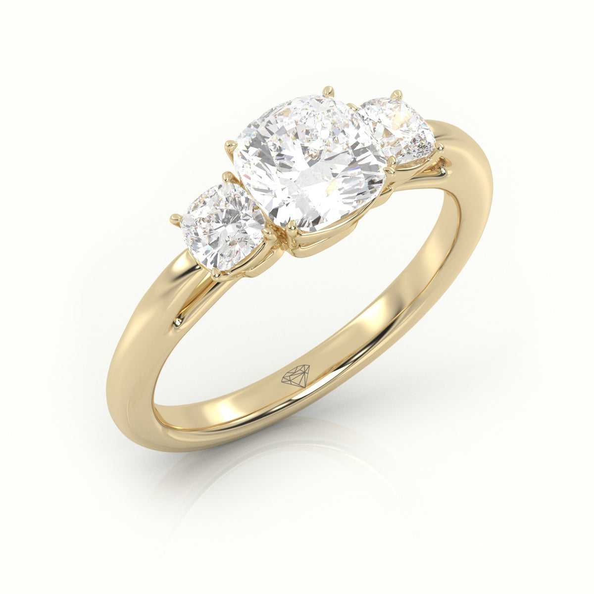 Cushion Cut Diamond 4 Prongs Side Stone Engagement Ring — Yellow Gold