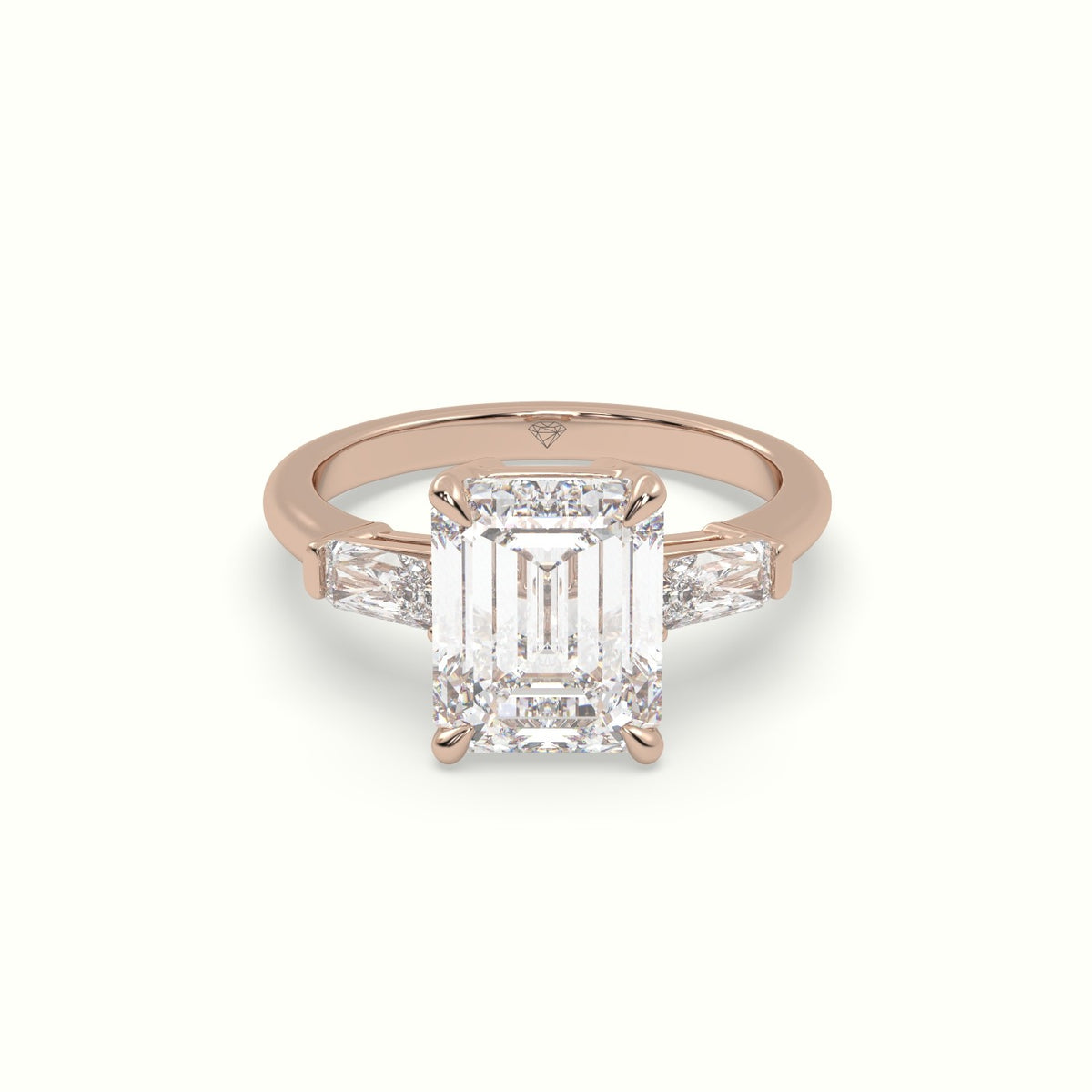 Emerald &Amp; Radiant Cut Diamond Trilogy Engagement Ring — Rose Gold