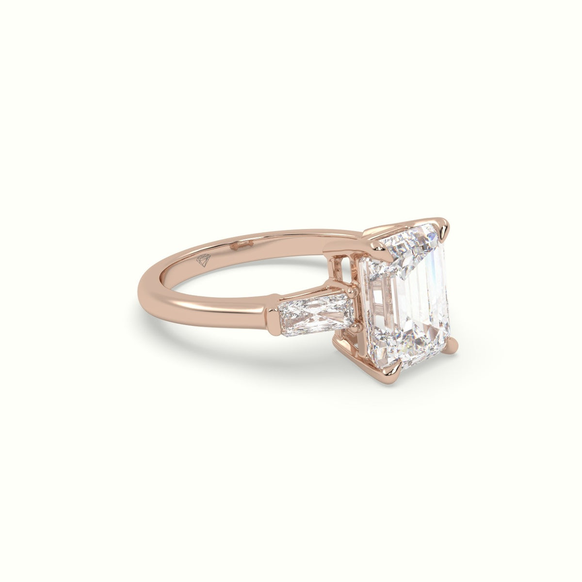 Emerald &Amp; Radiant Cut Diamond Trilogy Engagement Ring — Rose Gold