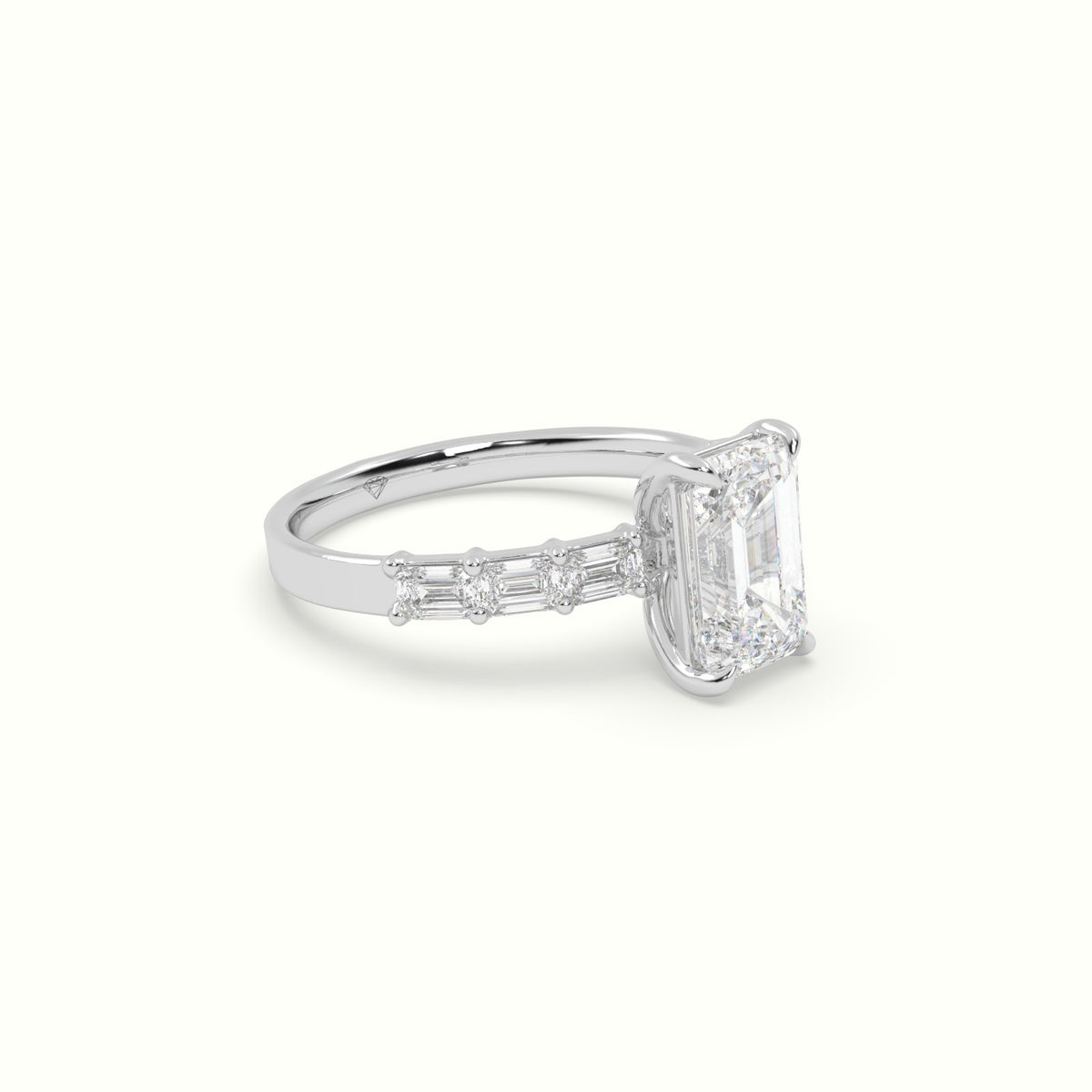 Emerald Cut Diamond Engagement Ring With Baguette Side Stones — White Gold