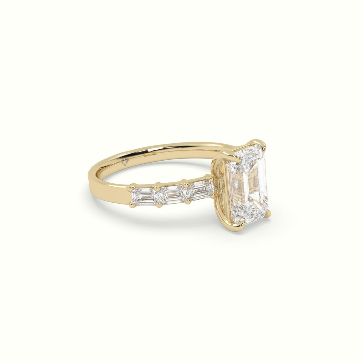 Emerald Cut Diamond Engagement Ring With Baguette Side Stones — Yellow Gold