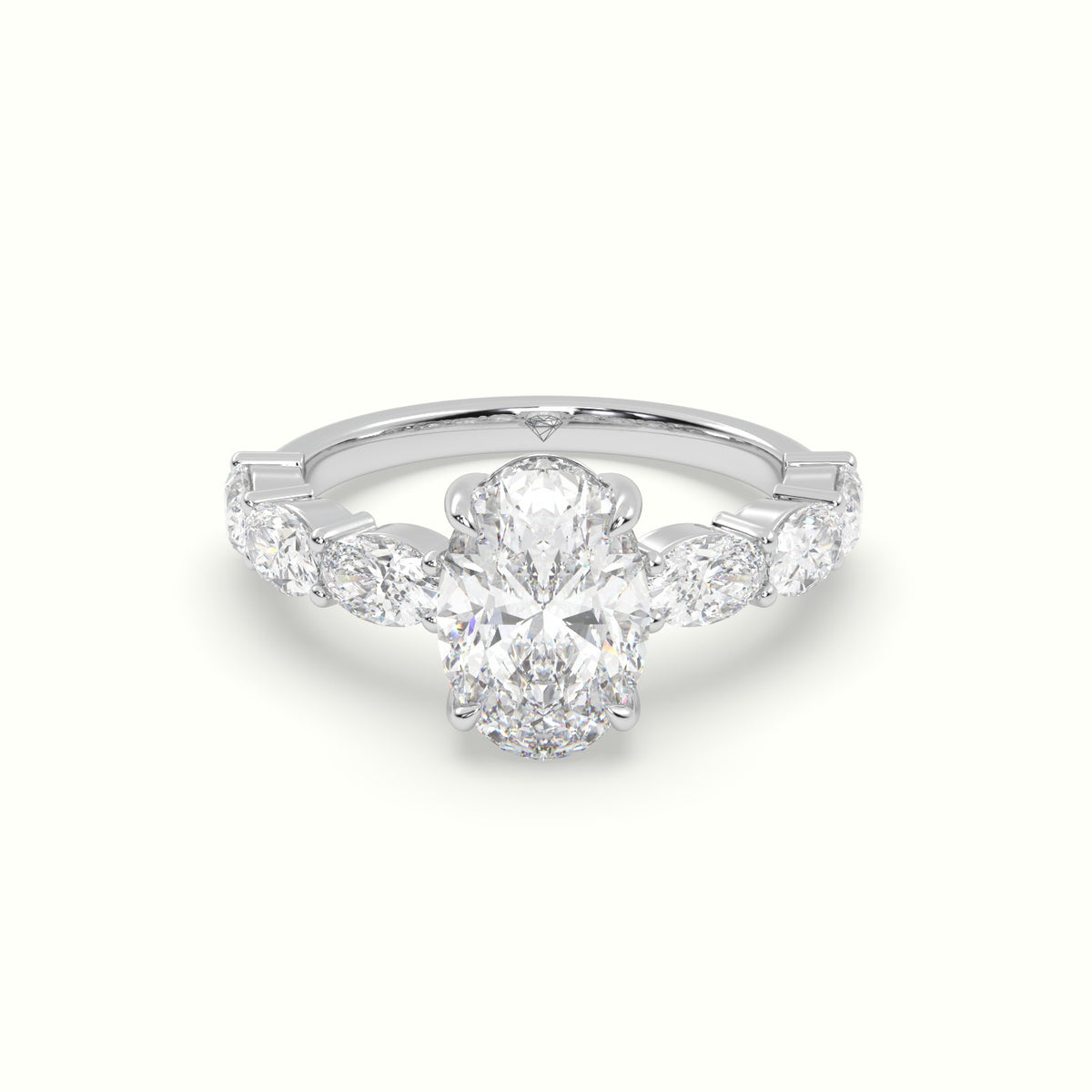 Oval Diamond Engagement Ring With Side Ovals — White Gold
