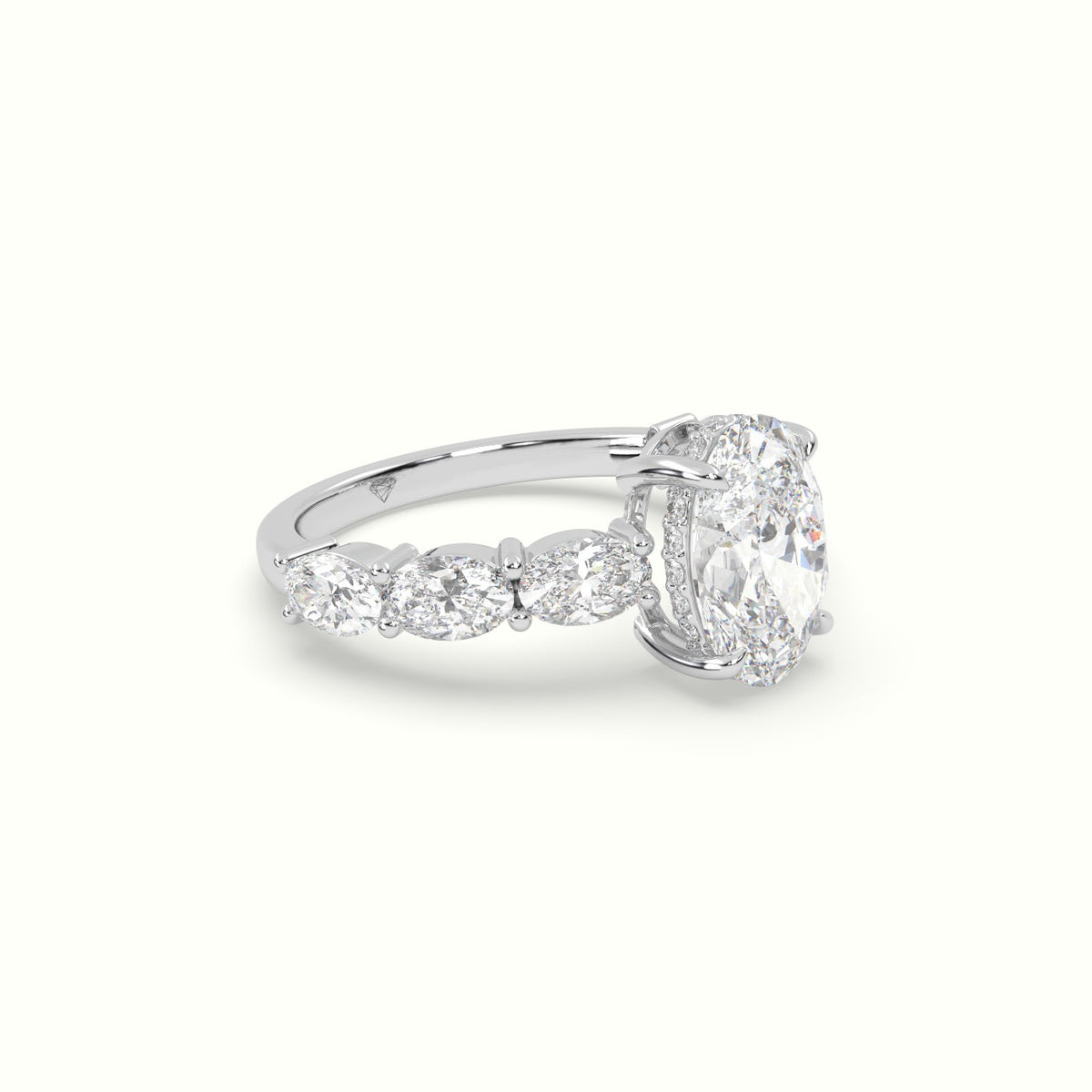 Oval Diamond Engagement Ring With Side Ovals — White Gold
