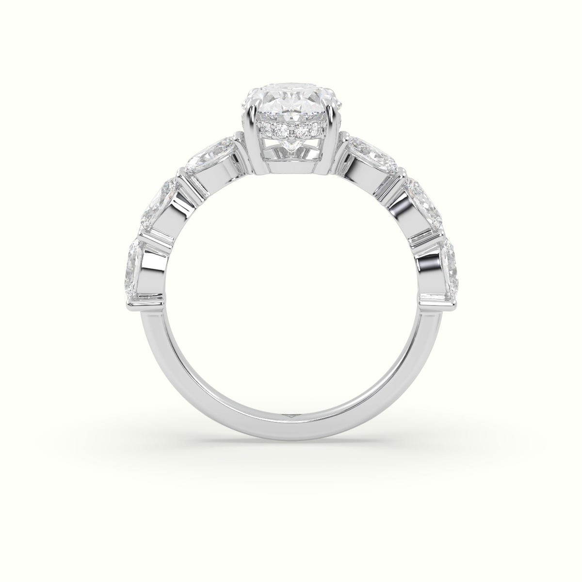 Oval Diamond Engagement Ring With Side Ovals — White Gold