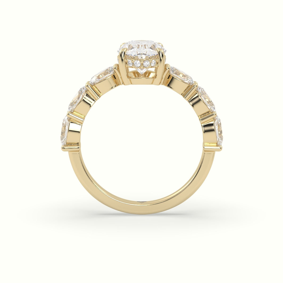 Oval Diamond Engagement Ring With Side Ovals — Yellow Gold