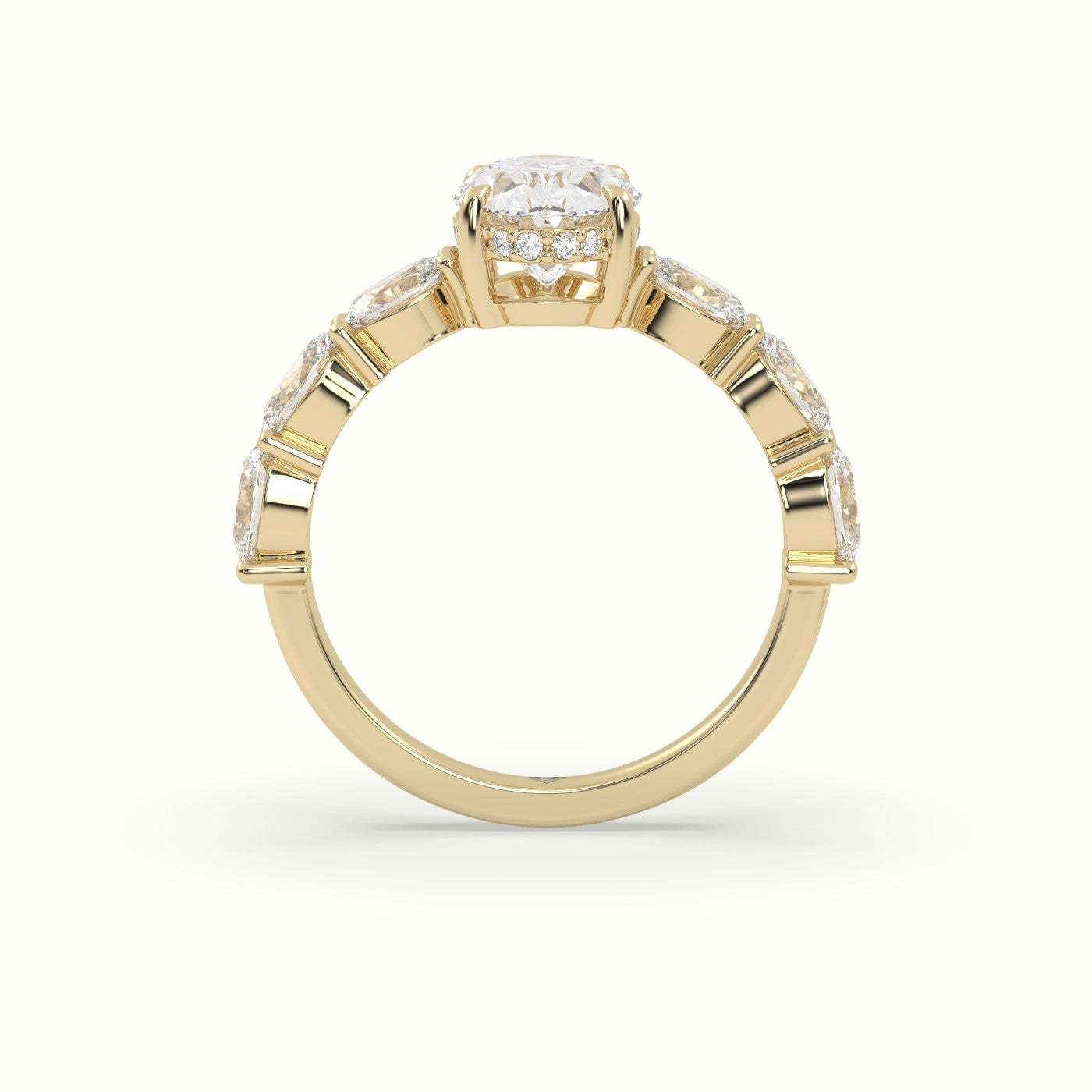 Oval Diamond Engagement Ring With Side Ovals — Yellow Gold