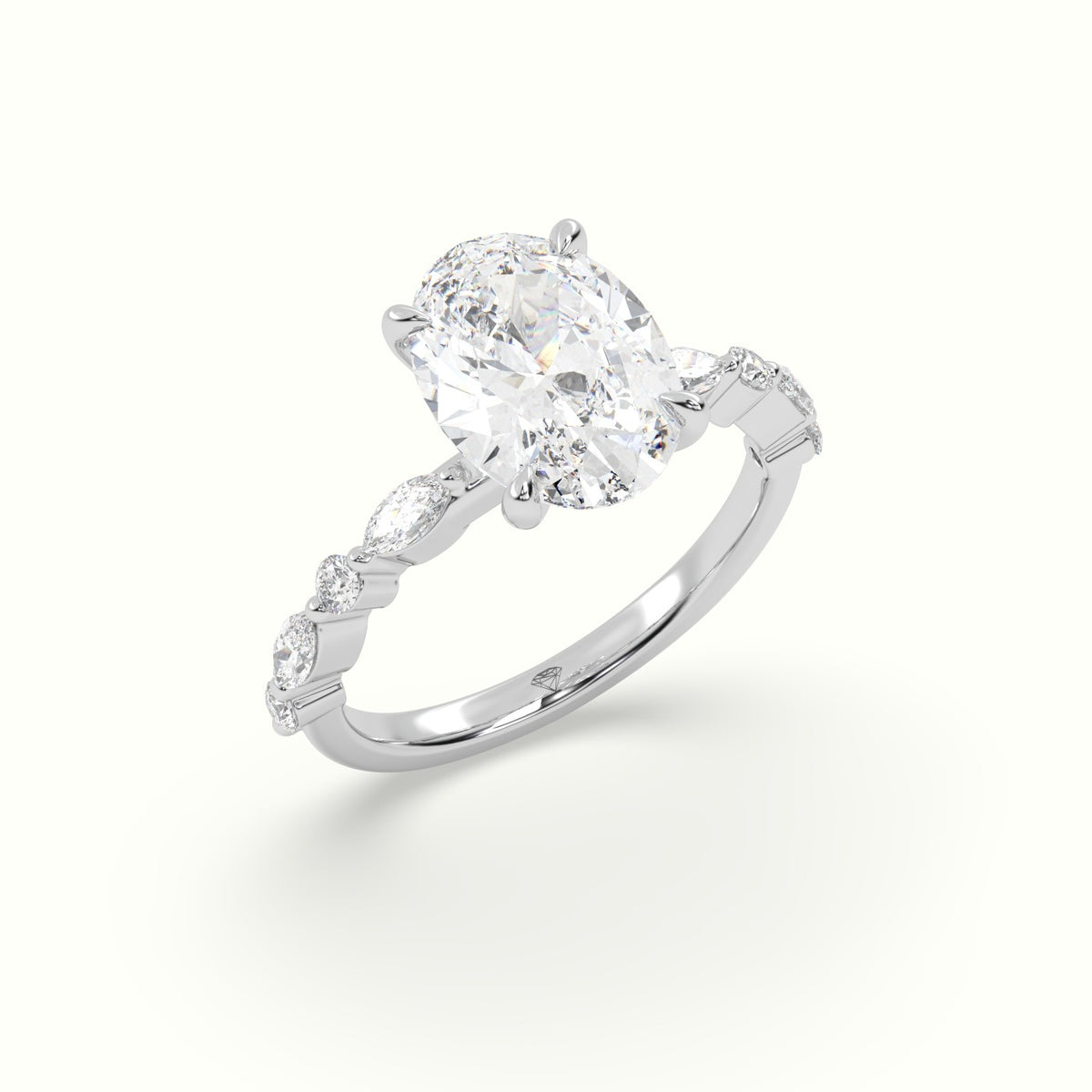 Oval Center Diamond Engagement Ring With Marquise And Round Side Stones — White Gold