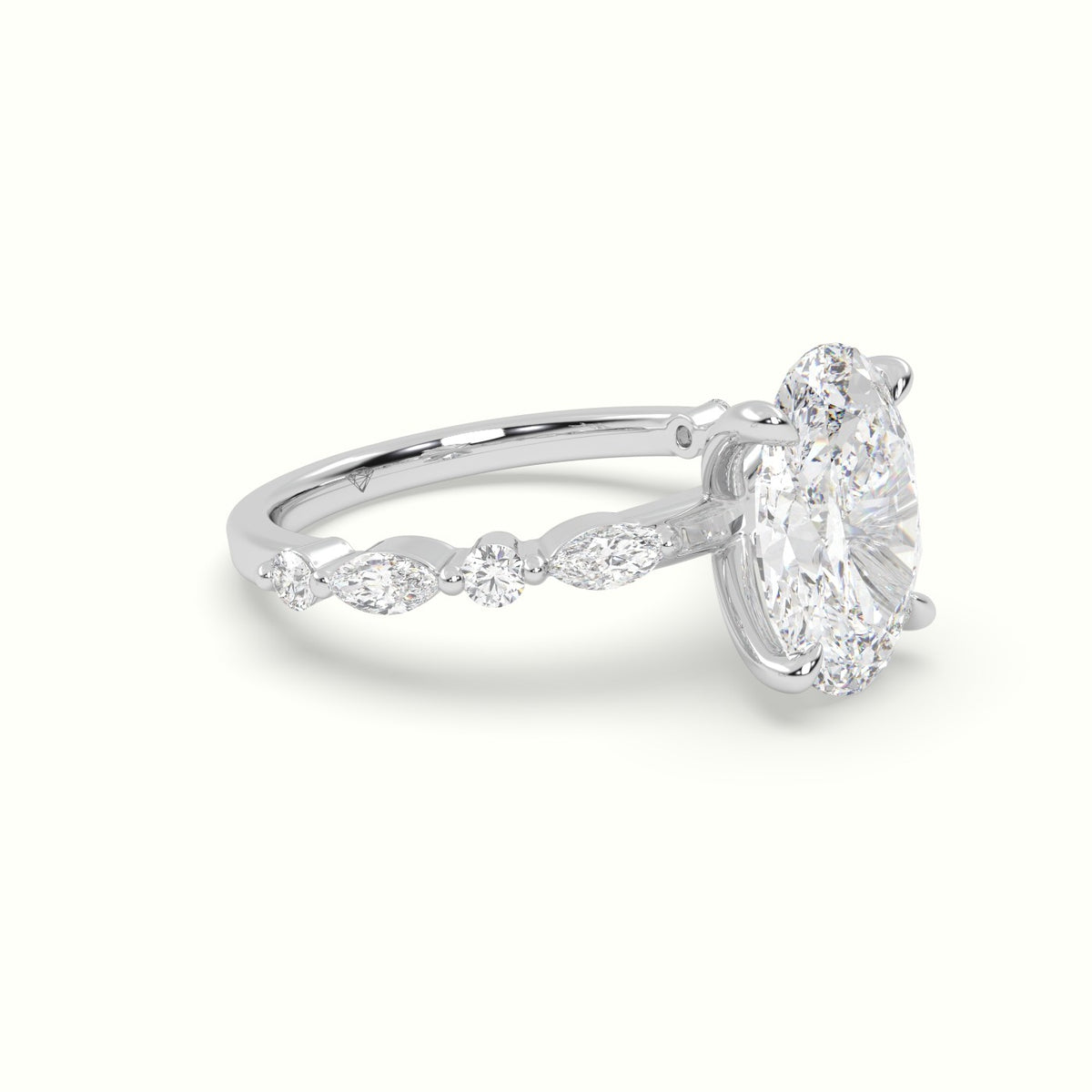 Oval Center Diamond Engagement Ring With Marquise And Round Side Stones — White Gold