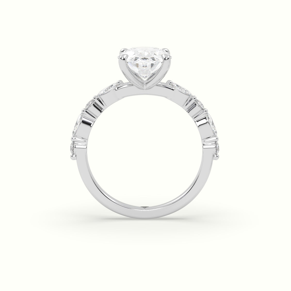 Oval Center Diamond Engagement Ring With Marquise And Round Side Stones — White Gold