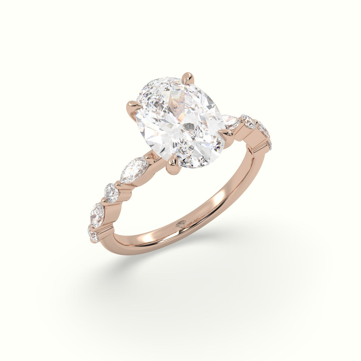 Oval Center Diamond Engagement Ring With Marquise And Round Side Stones — Rose Gold