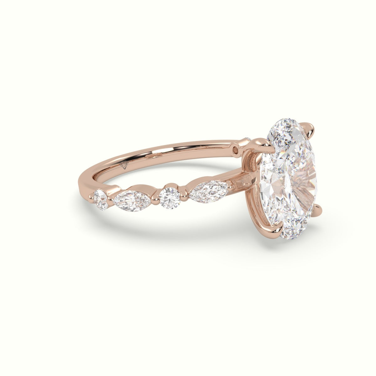 Oval Center Diamond Engagement Ring With Marquise And Round Side Stones — Rose Gold