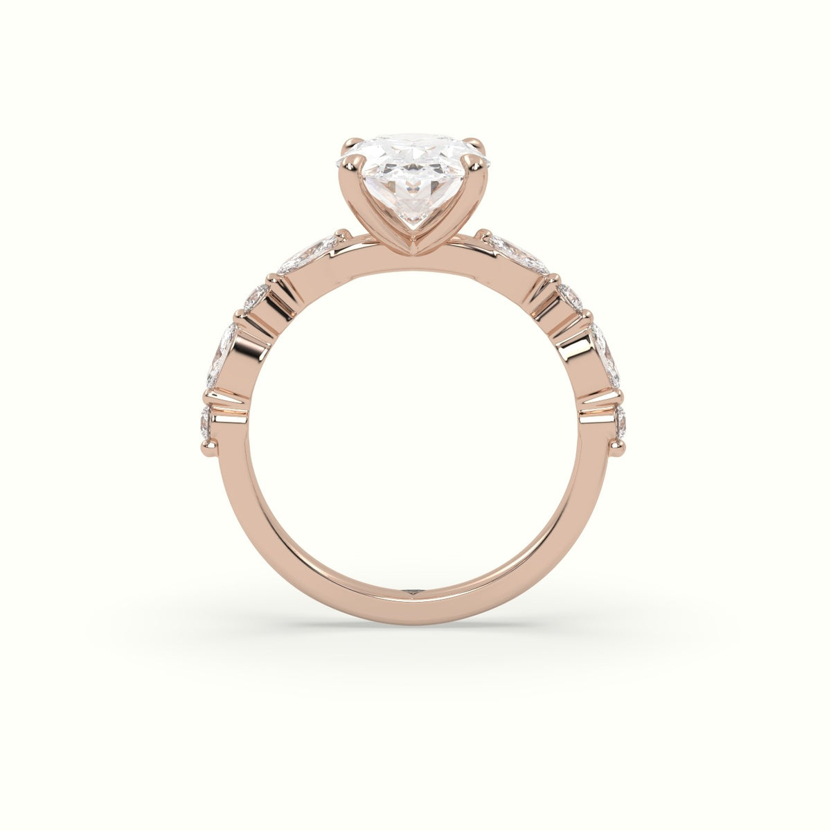 Oval Center Diamond Engagement Ring With Marquise And Round Side Stones — Rose Gold