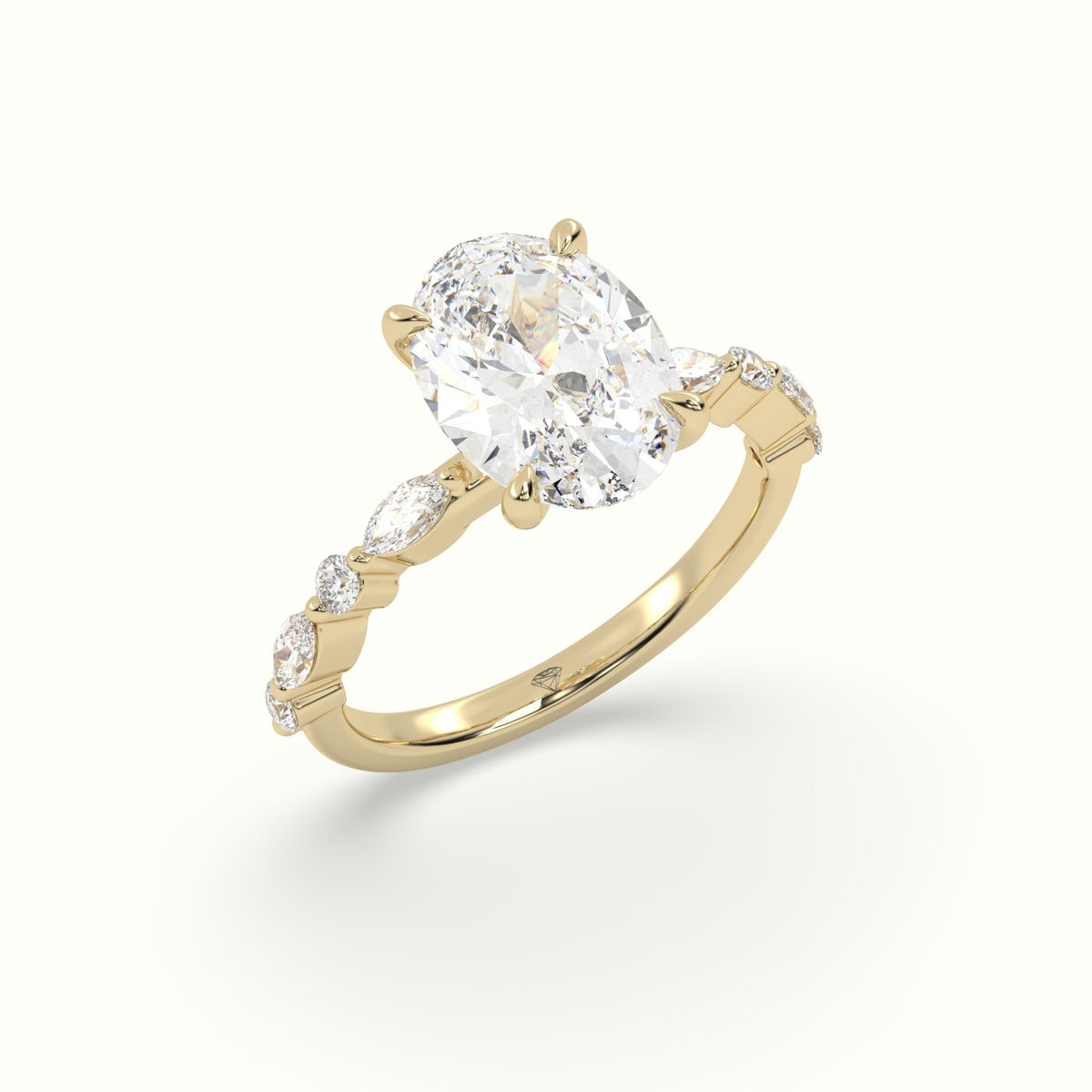 Oval Center Diamond Engagement Ring With Marquise And Round Side Stones — Yellow Gold