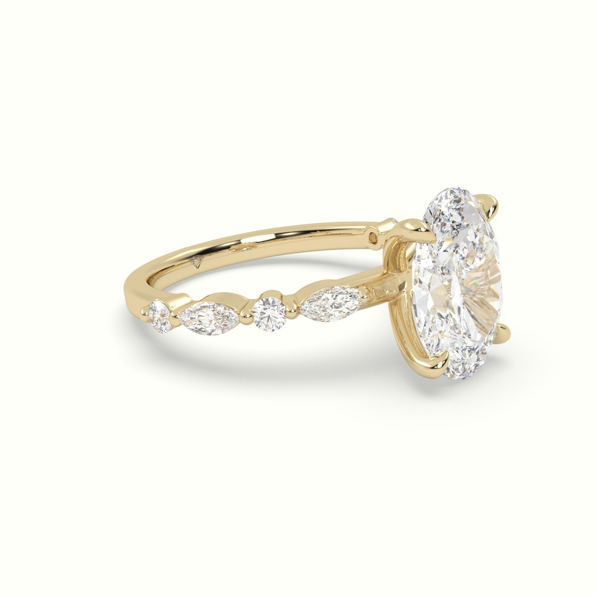 Oval Center Diamond Engagement Ring With Marquise And Round Side Stones — Yellow Gold