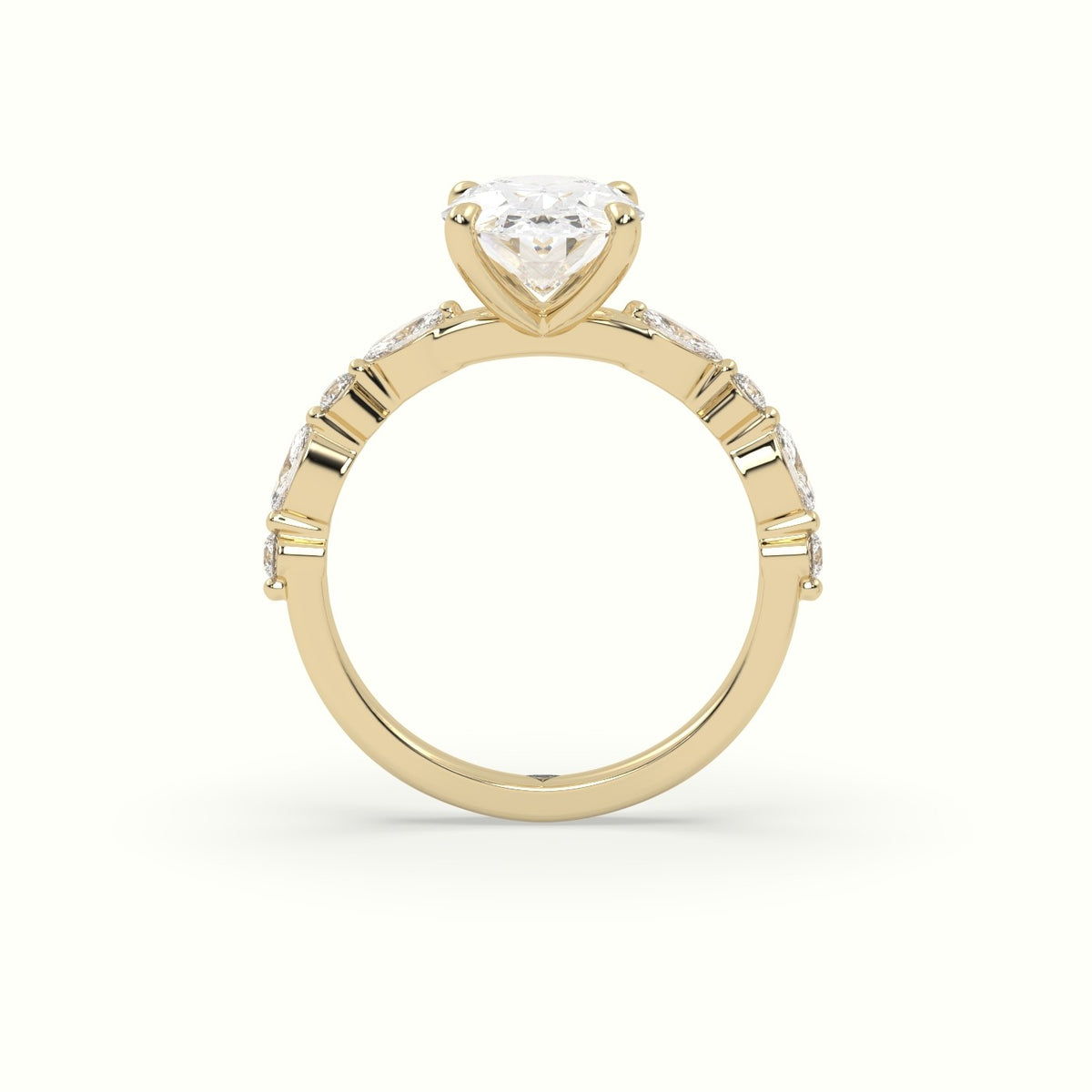 Oval Center Diamond Engagement Ring With Marquise And Round Side Stones — Yellow Gold
