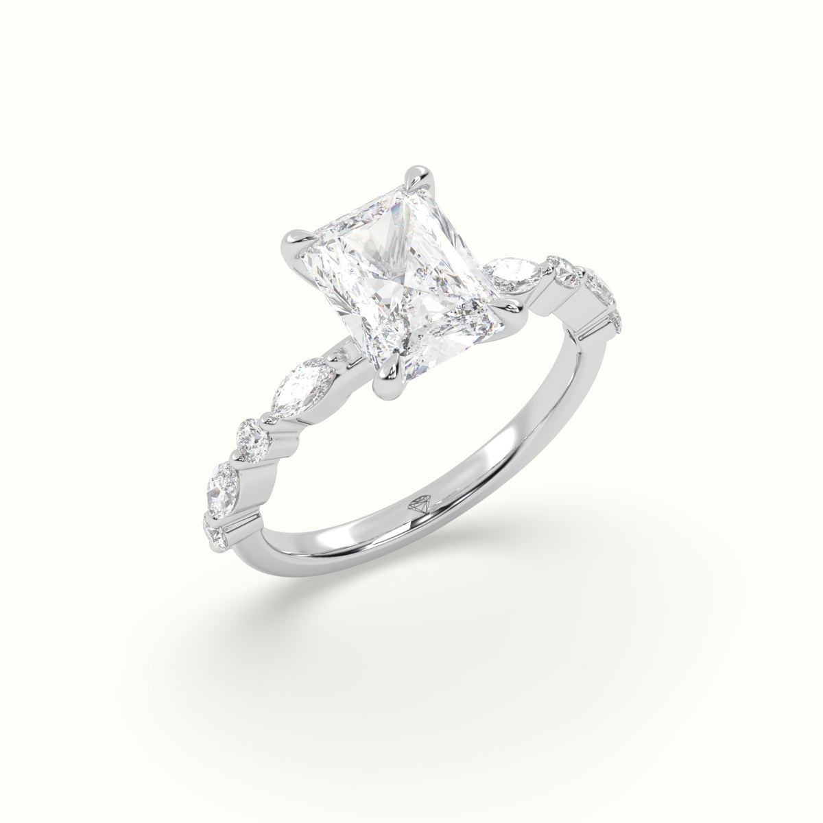Radiant Cut Diamond Engagement Ring With Marquise And Round Side Stones — White Gold