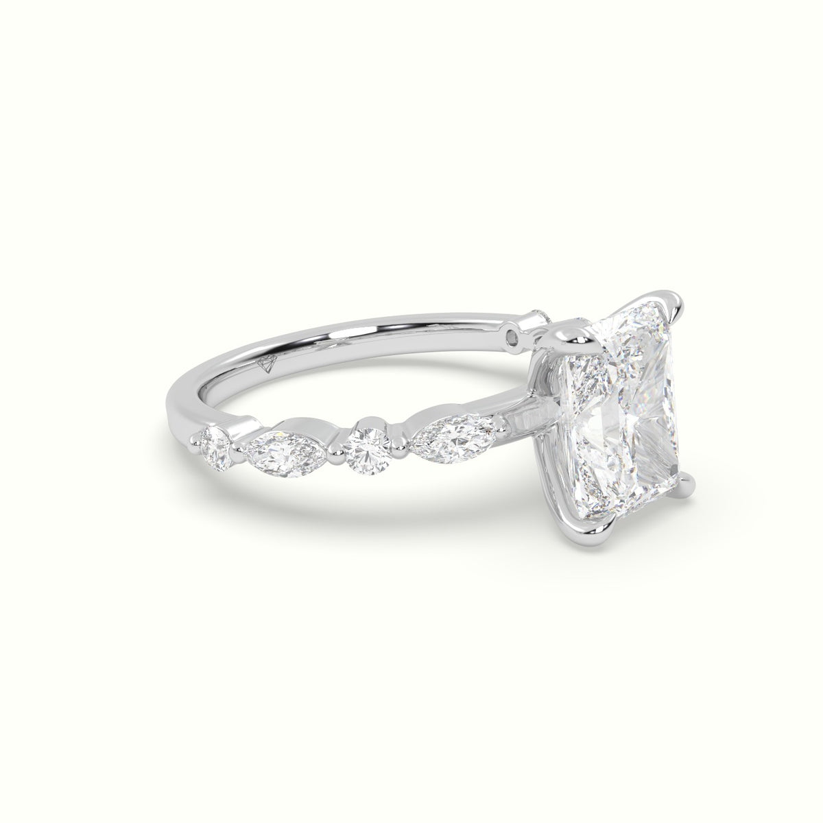 Radiant Cut Diamond Engagement Ring With Marquise And Round Side Stones — White Gold