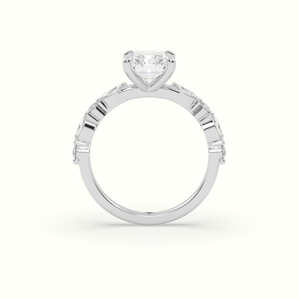 Radiant Cut Diamond Engagement Ring With Marquise And Round Side Stones — White Gold
