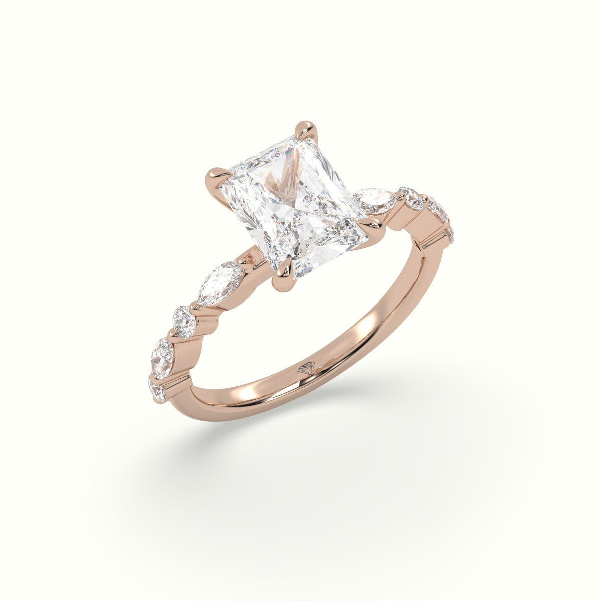 Radiant Cut Diamond Engagement Ring With Marquise And Round Side Stones — Rose Gold