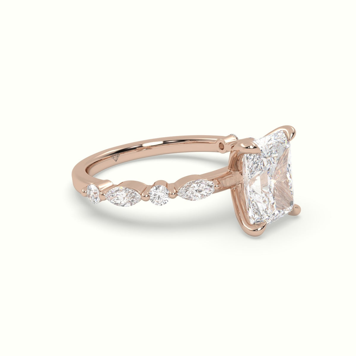 Radiant Cut Diamond Engagement Ring With Marquise And Round Side Stones — Rose Gold