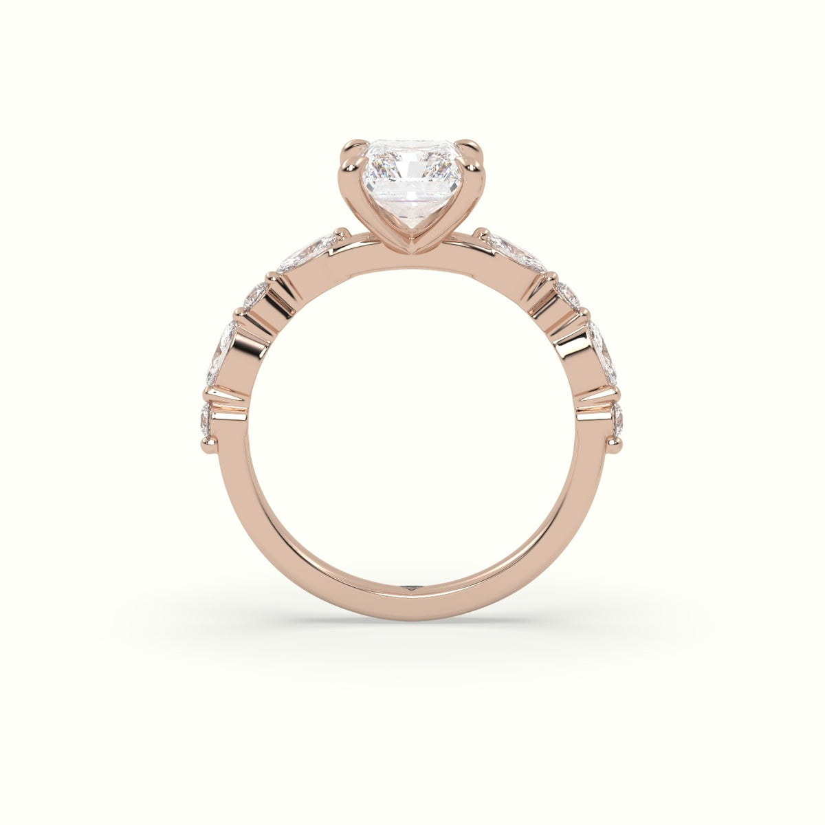 Radiant Cut Diamond Engagement Ring With Marquise And Round Side Stones — Rose Gold