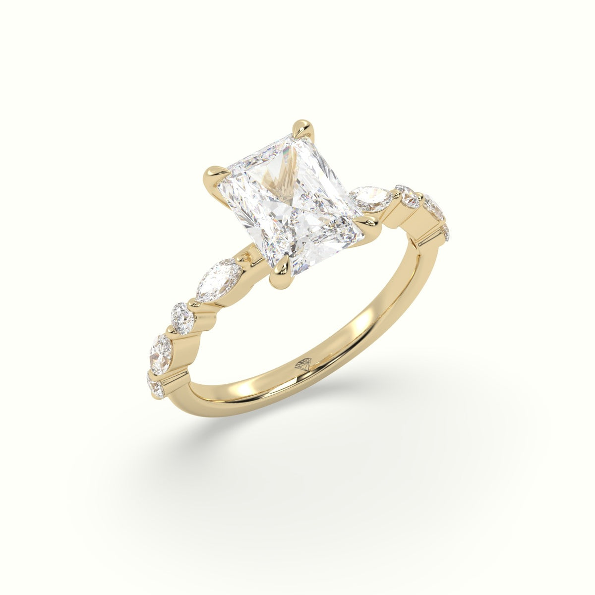Radiant Cut Diamond Engagement Ring With Marquise And Round Side Stones — Yellow Gold