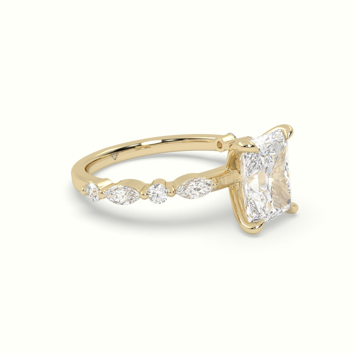 Radiant Cut Diamond Engagement Ring With Marquise And Round Side Stones — Yellow Gold