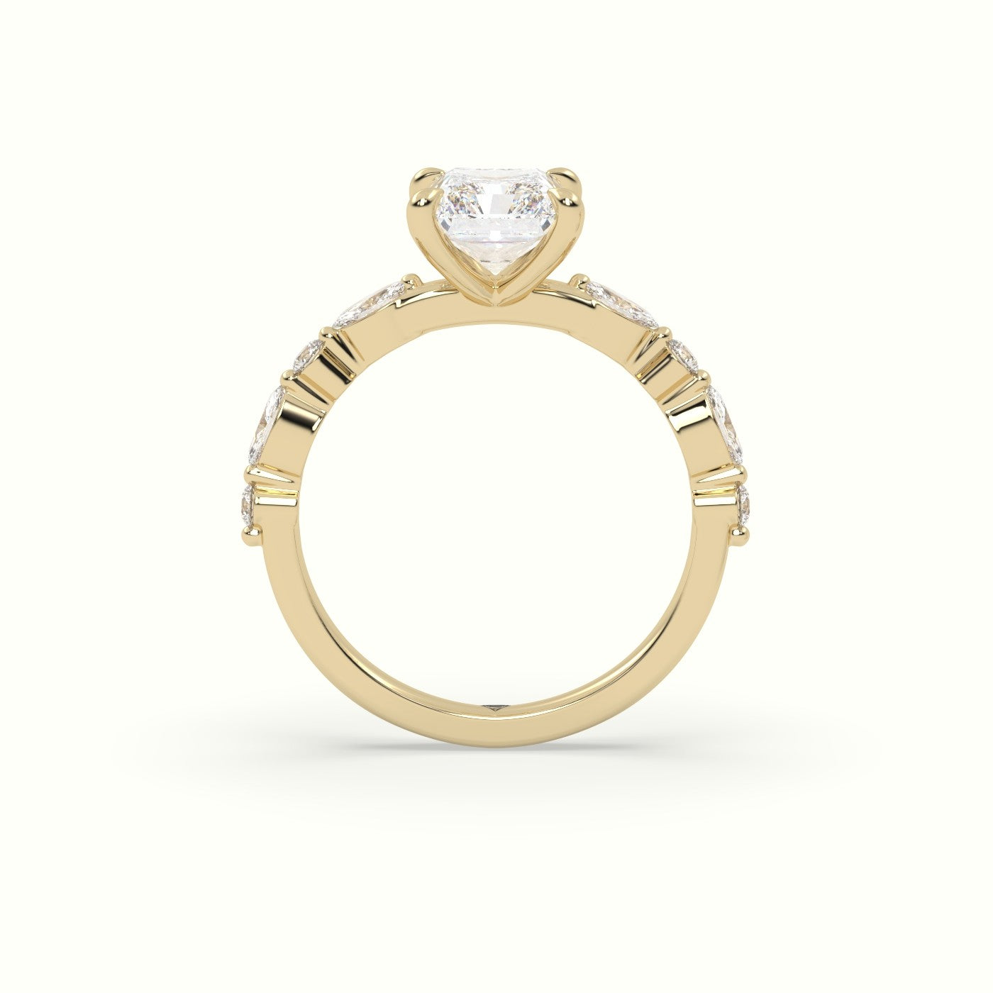 Radiant Cut Diamond Engagement Ring With Marquise And Round Side Stones — Yellow Gold