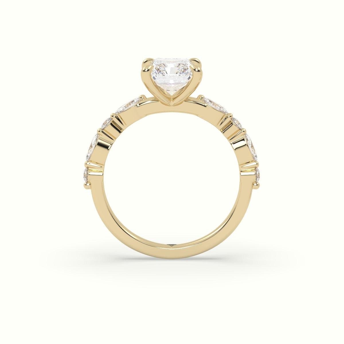 Radiant Cut Diamond Engagement Ring With Marquise And Round Side Stones — Yellow Gold