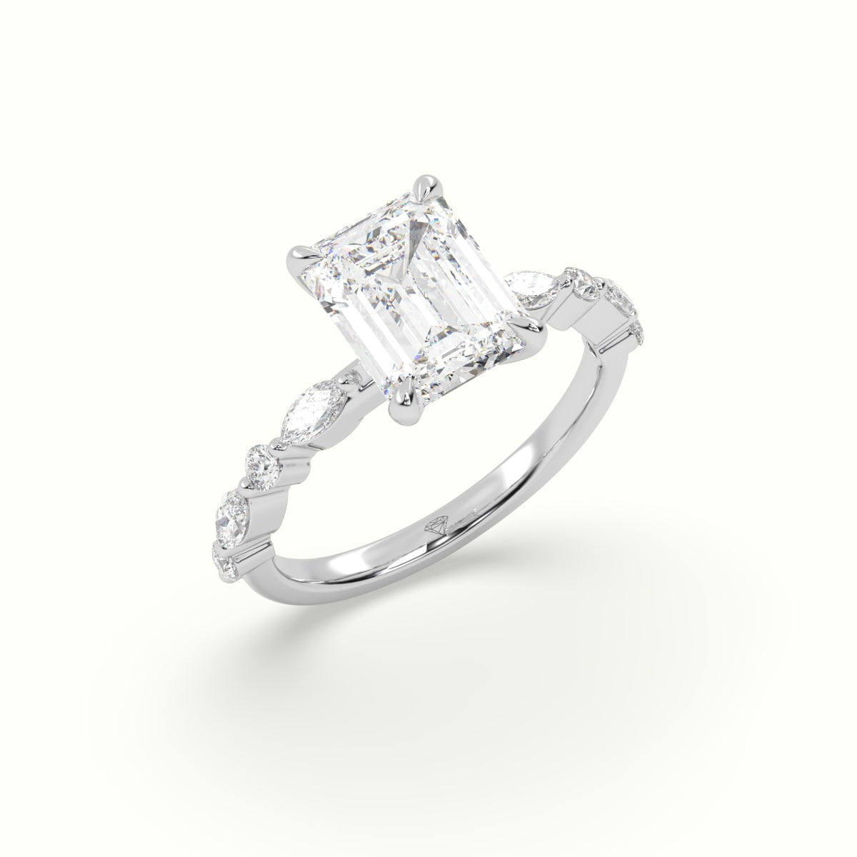 Emerald Cut Diamond Engagement Ring With Marquise And Round Side Stones — White Gold