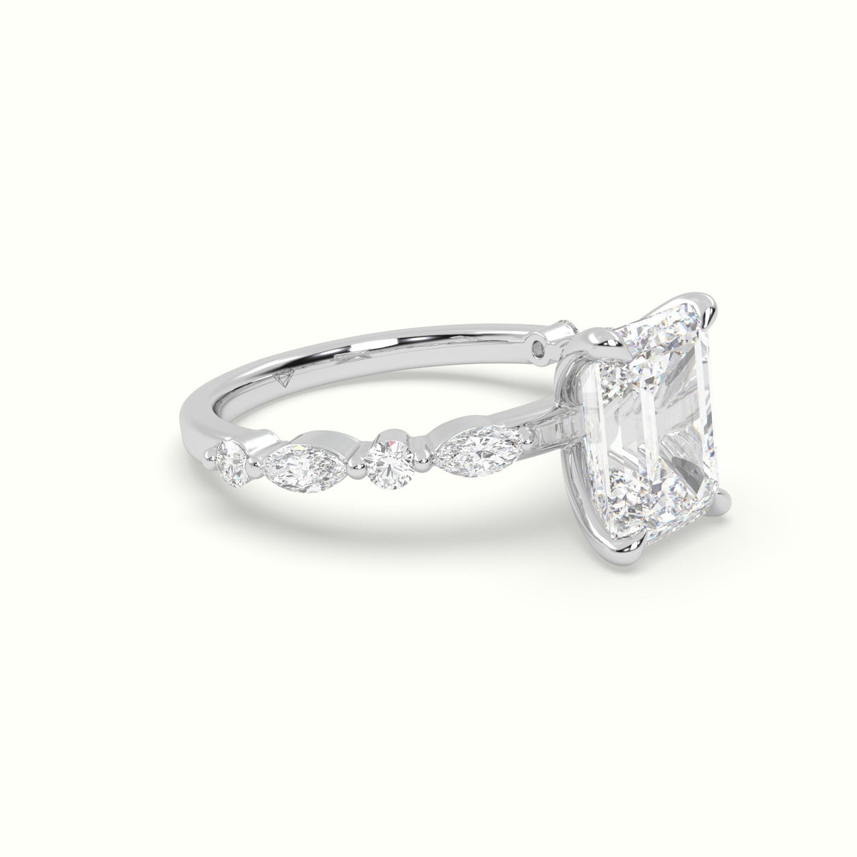 Emerald Cut Diamond Engagement Ring With Marquise And Round Side Stones — White Gold