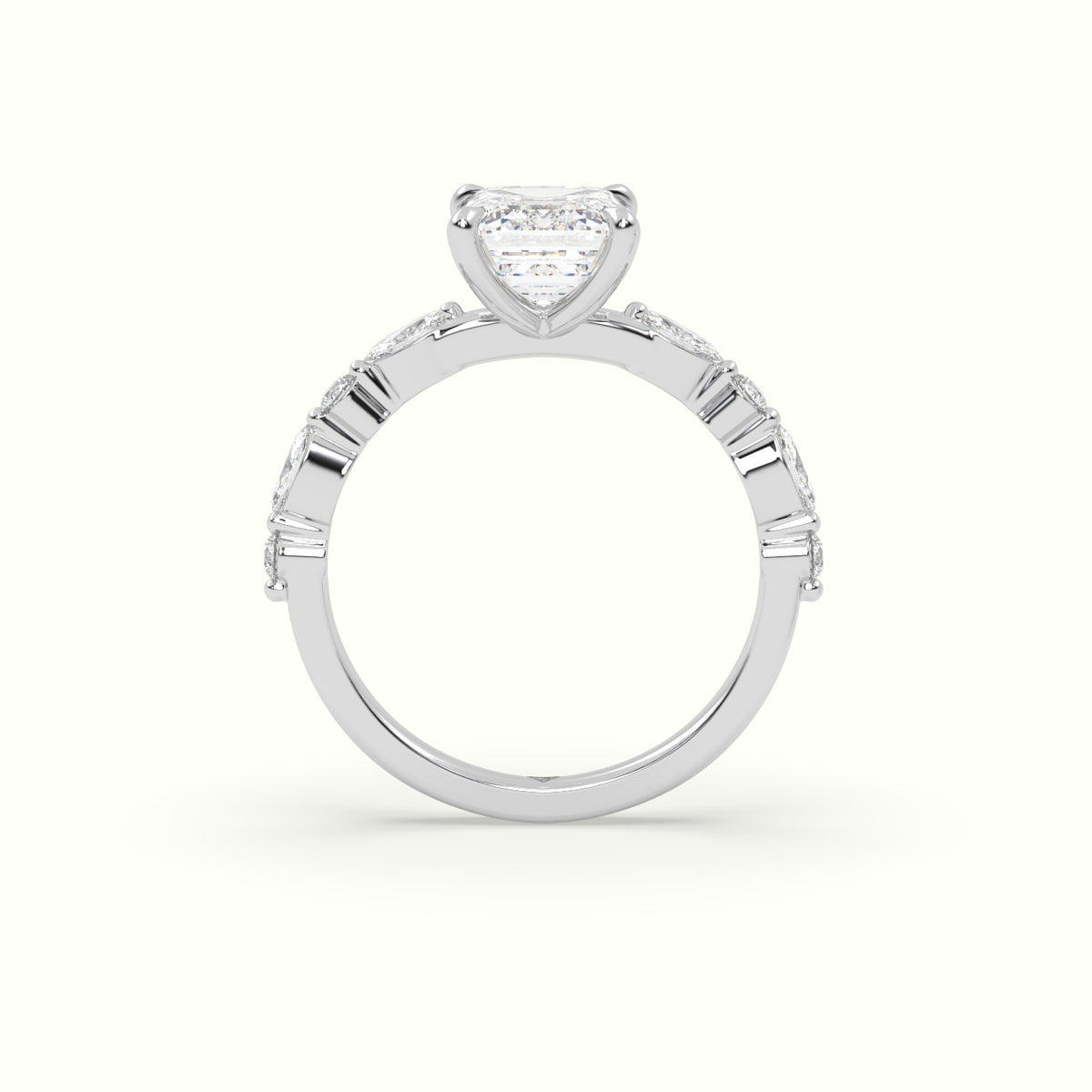 Emerald Cut Diamond Engagement Ring With Marquise And Round Side Stones — White Gold