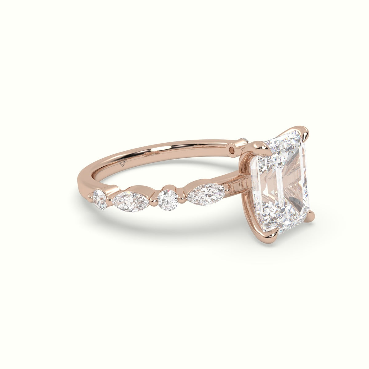 Emerald Cut Diamond Engagement Ring With Marquise And Round Side Stones — Rose Gold