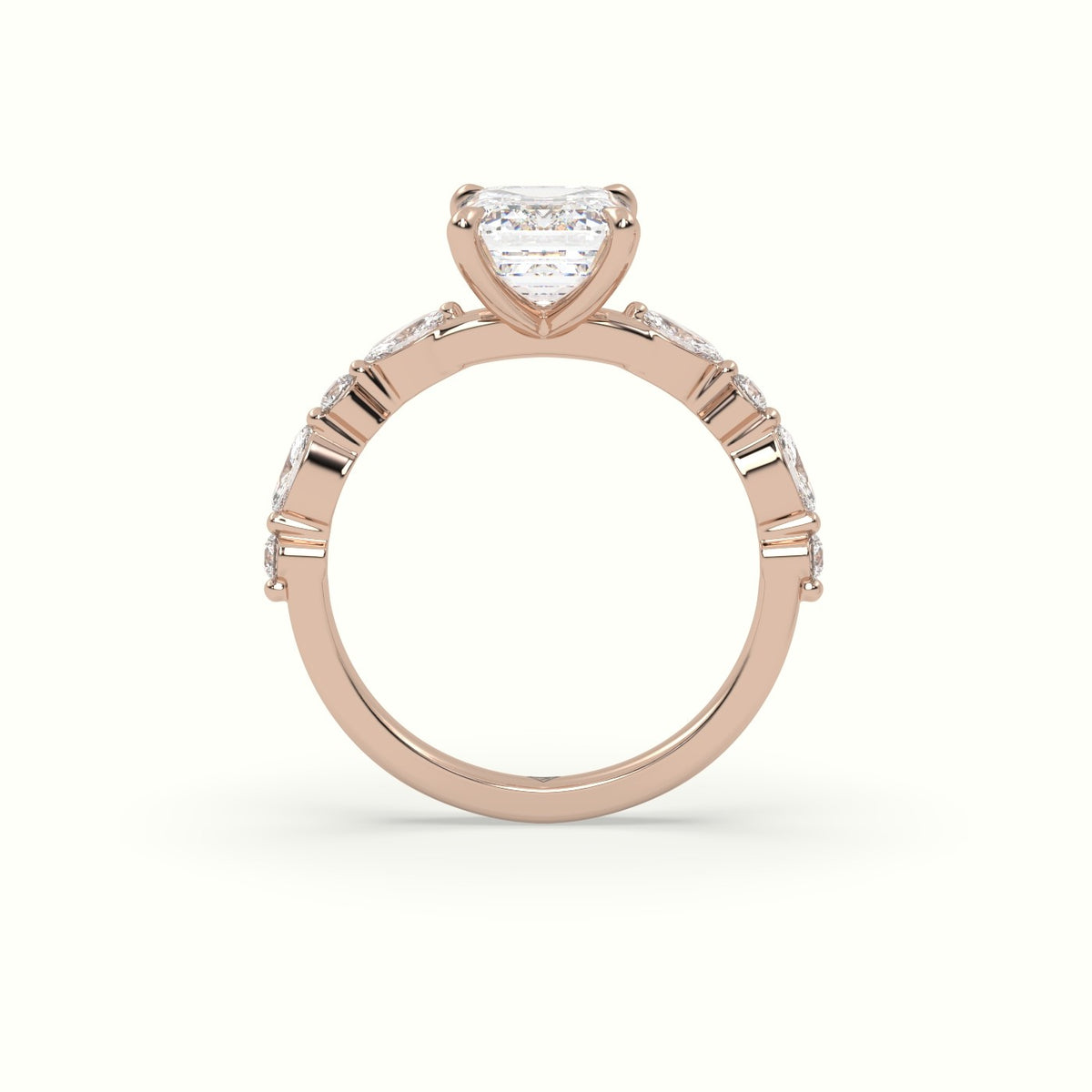 Emerald Cut Diamond Engagement Ring With Marquise And Round Side Stones — Rose Gold