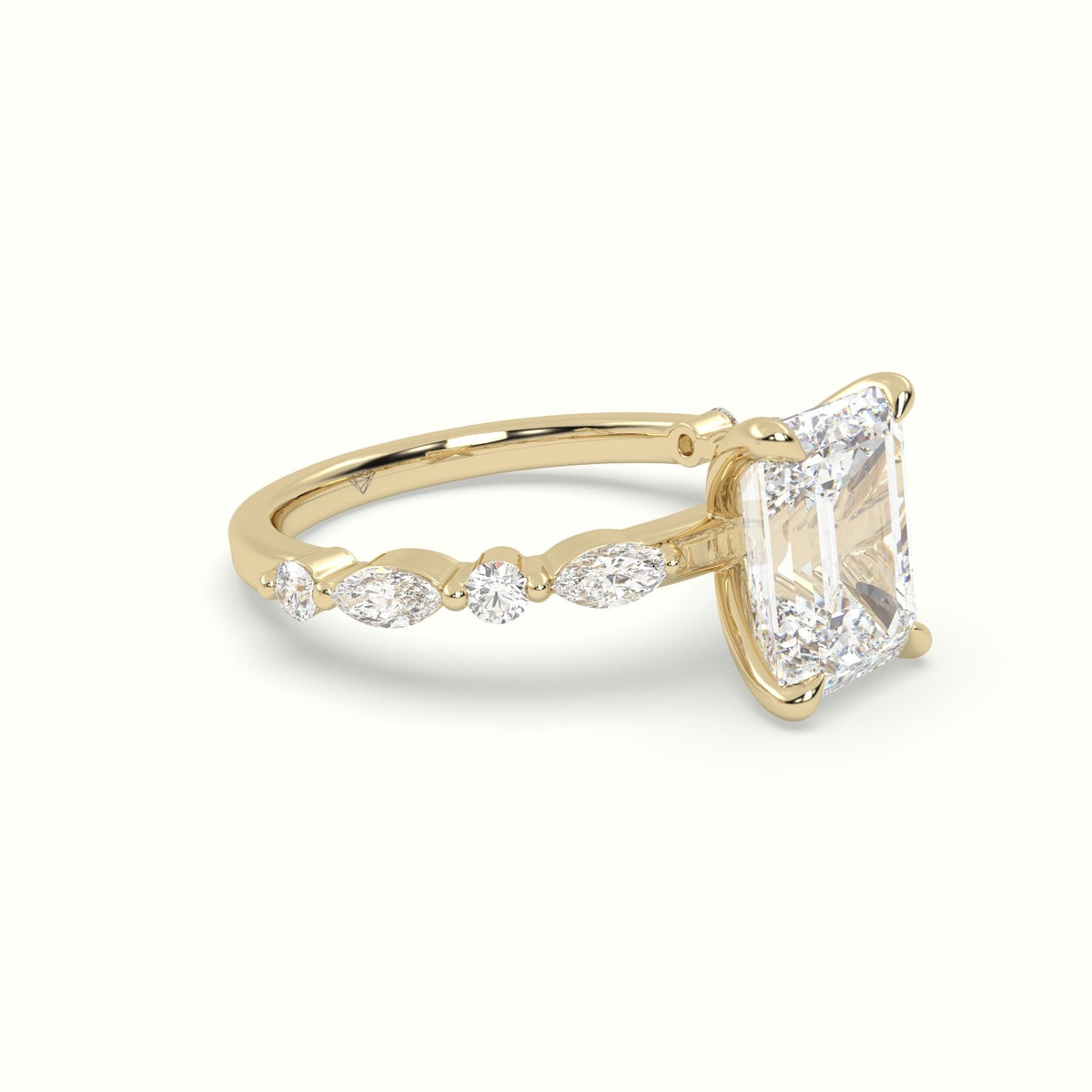 Emerald Cut Diamond Engagement Ring With Marquise And Round Side Stones — Yellow Gold