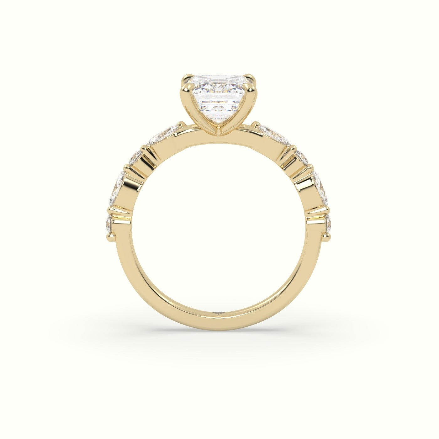 Emerald Cut Diamond Engagement Ring With Marquise And Round Side Stones — Yellow Gold