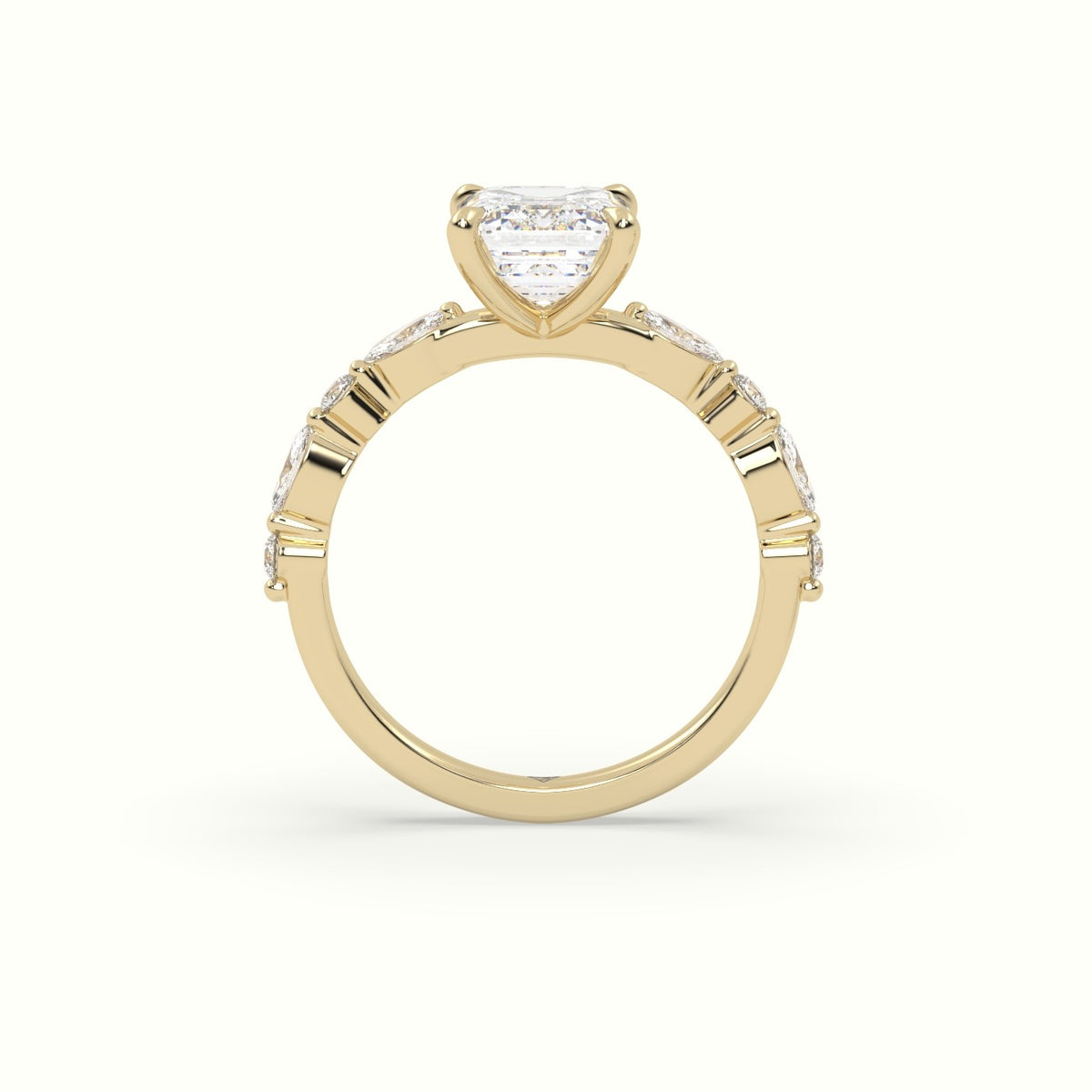 Emerald Cut Diamond Engagement Ring With Marquise And Round Side Stones — Yellow Gold