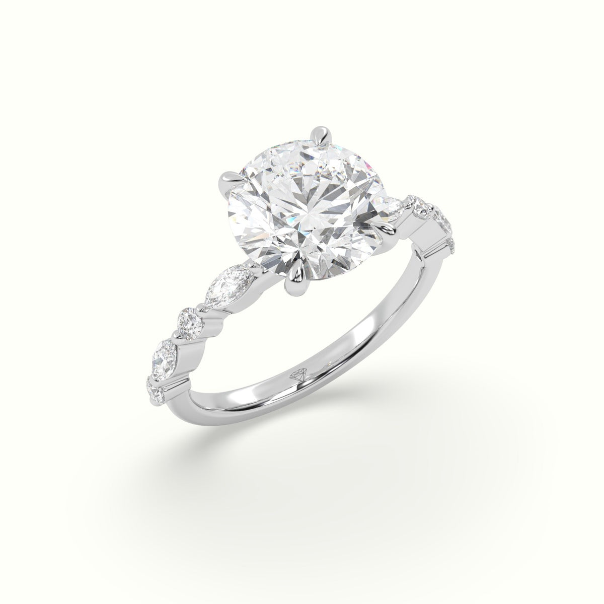 Round Cut Diamond Engagement Ring With Marquise And Round Side Stones — White Gold