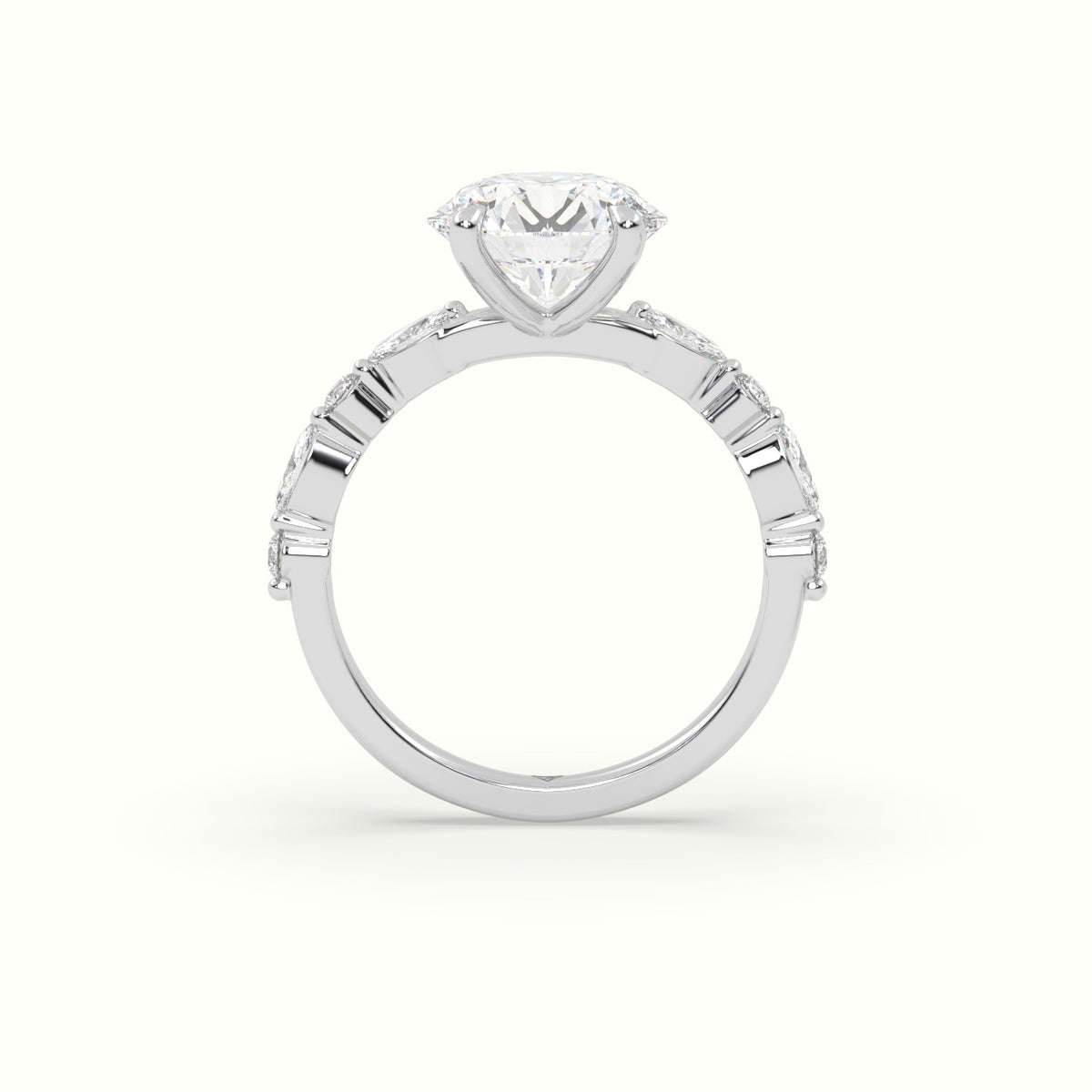 Round Cut Diamond Engagement Ring With Marquise And Round Side Stones — White Gold