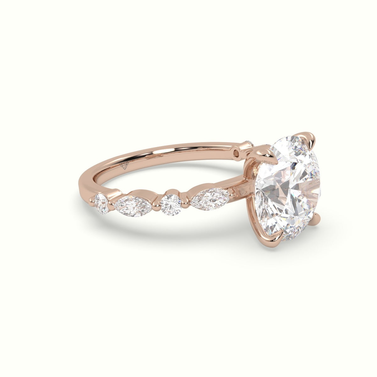 Round Cut Diamond Engagement Ring With Marquise And Round Side Stones — Rose Gold