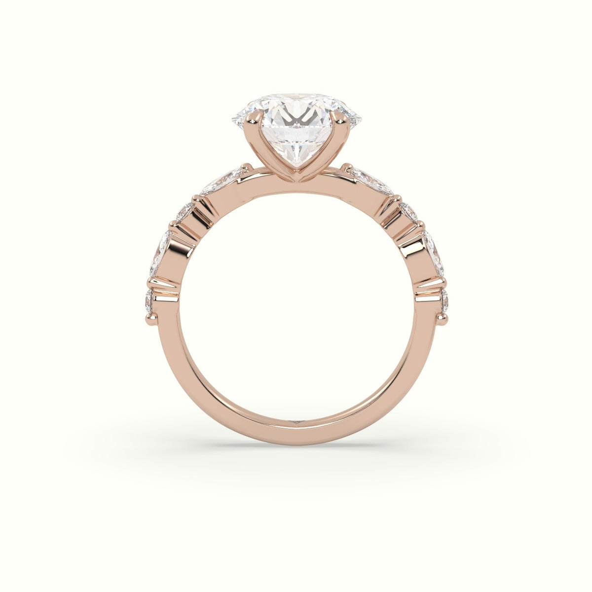 Round Cut Diamond Engagement Ring With Marquise And Round Side Stones — Rose Gold