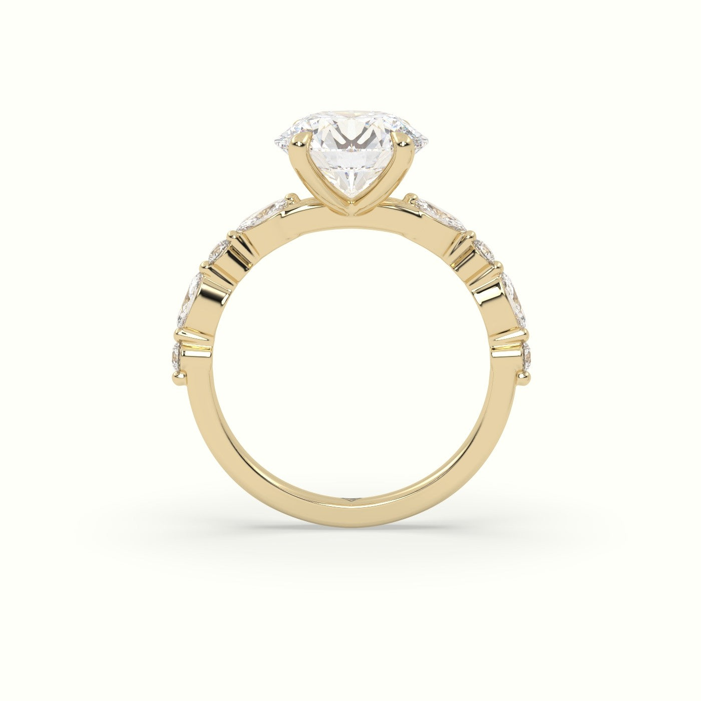 Round Cut Diamond Engagement Ring With Marquise And Round Side Stones — Yellow Gold