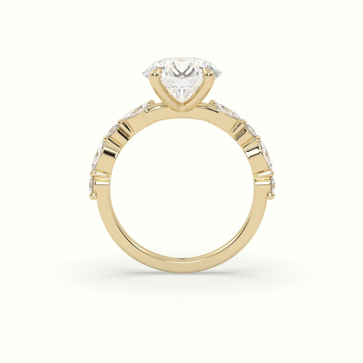 Round Cut Diamond Engagement Ring With Marquise And Round Side Stones — Yellow Gold